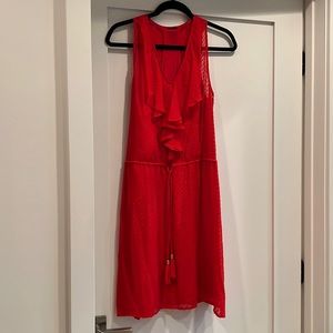 Ella Moss ruffle front dress with tie waist.  Matching slip.  Red/orange